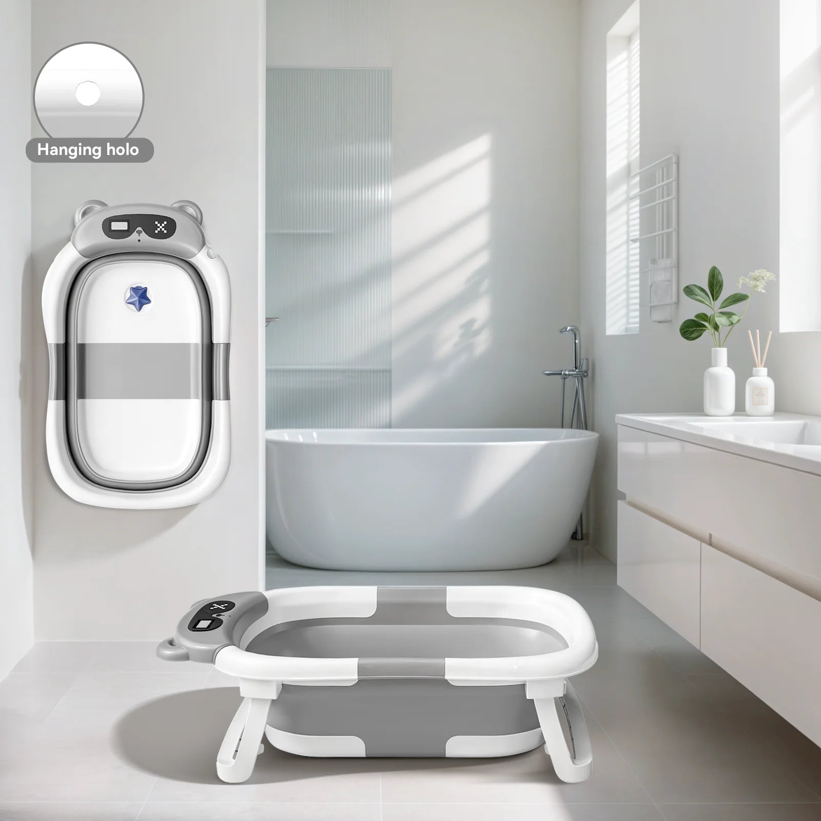 Foldable Baby Bathtub with Soft Cushion & Thermometer