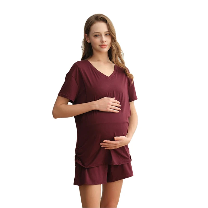 Maternity Nursing Pajama Set – Short Sleeve Top, Shorts & Pants