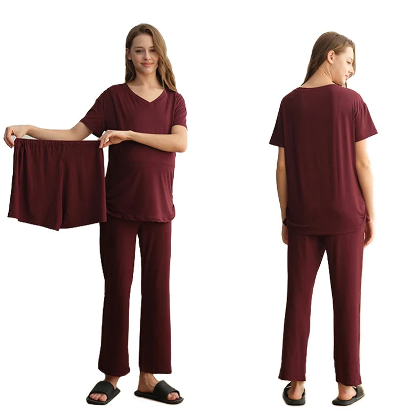 Maternity Nursing Pajama Set – Short Sleeve Top, Shorts & Pants